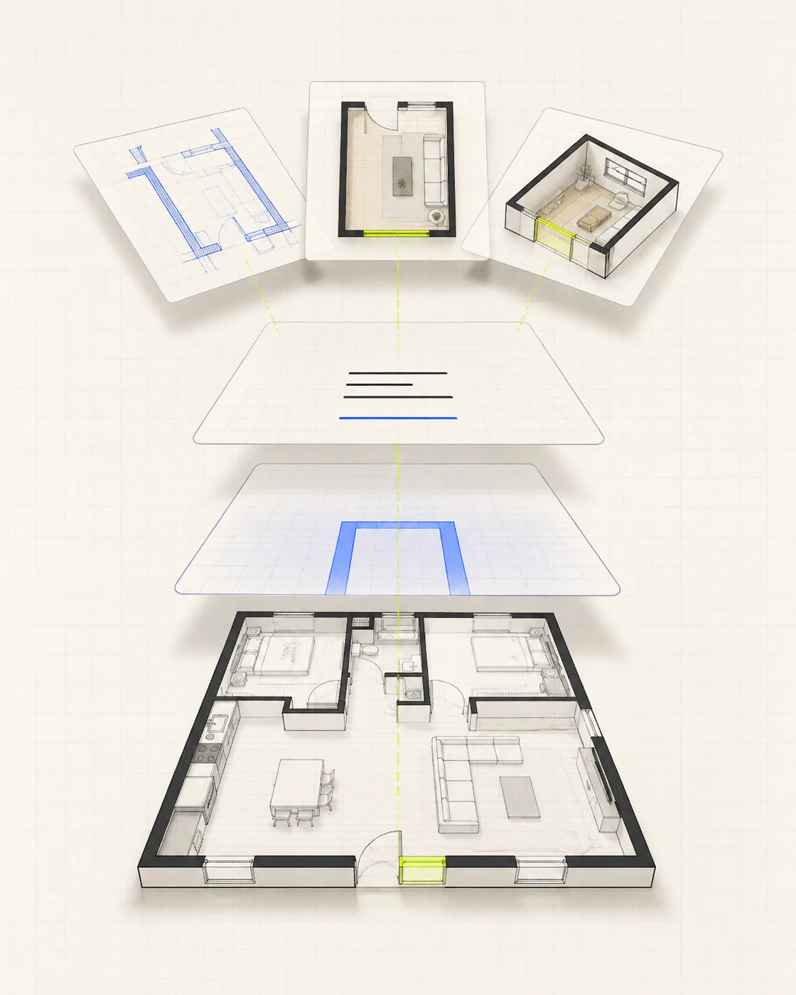 Exploded stack showing a source floor plan, optional focus mark, edit instruction layer, and three output views