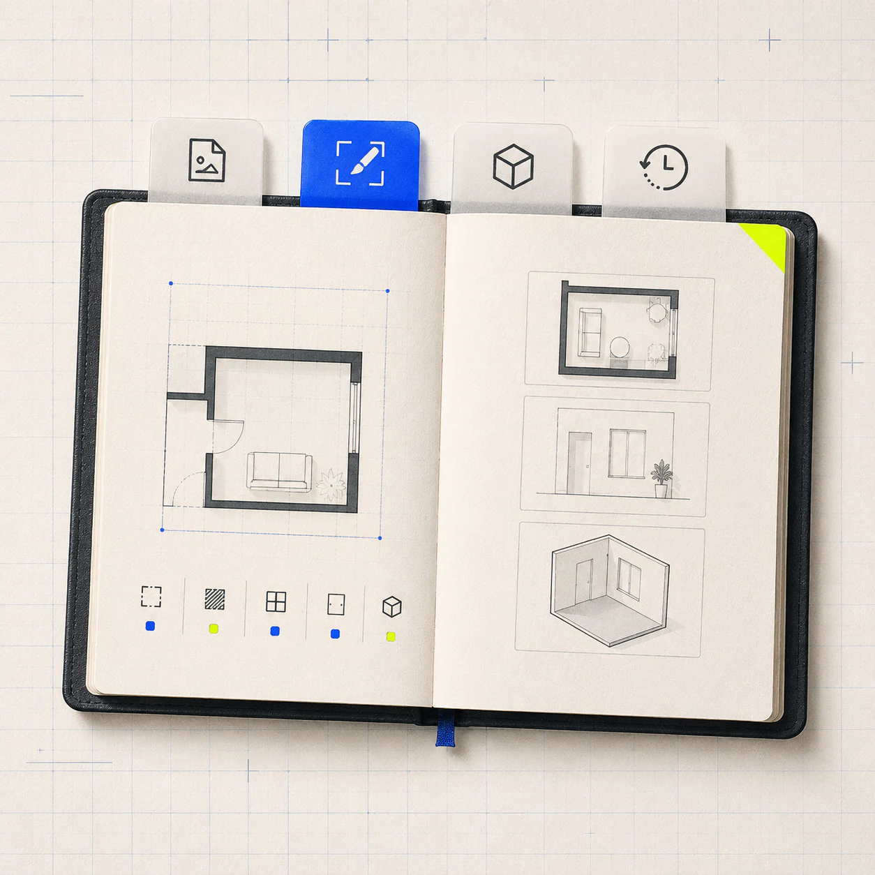 Open floor plan reference folio with tabs for image files, focus marks, output views, and history