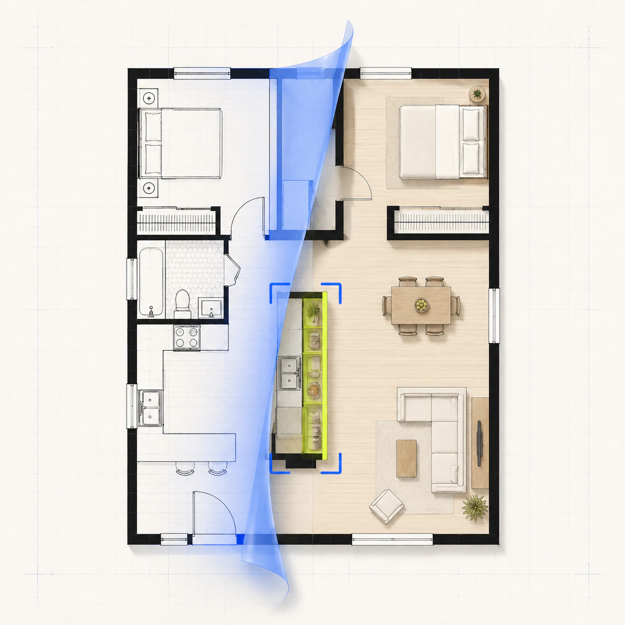 Apartment floor plan transitioning from the original drawing to a revised concept through a blue tracing-paper reveal