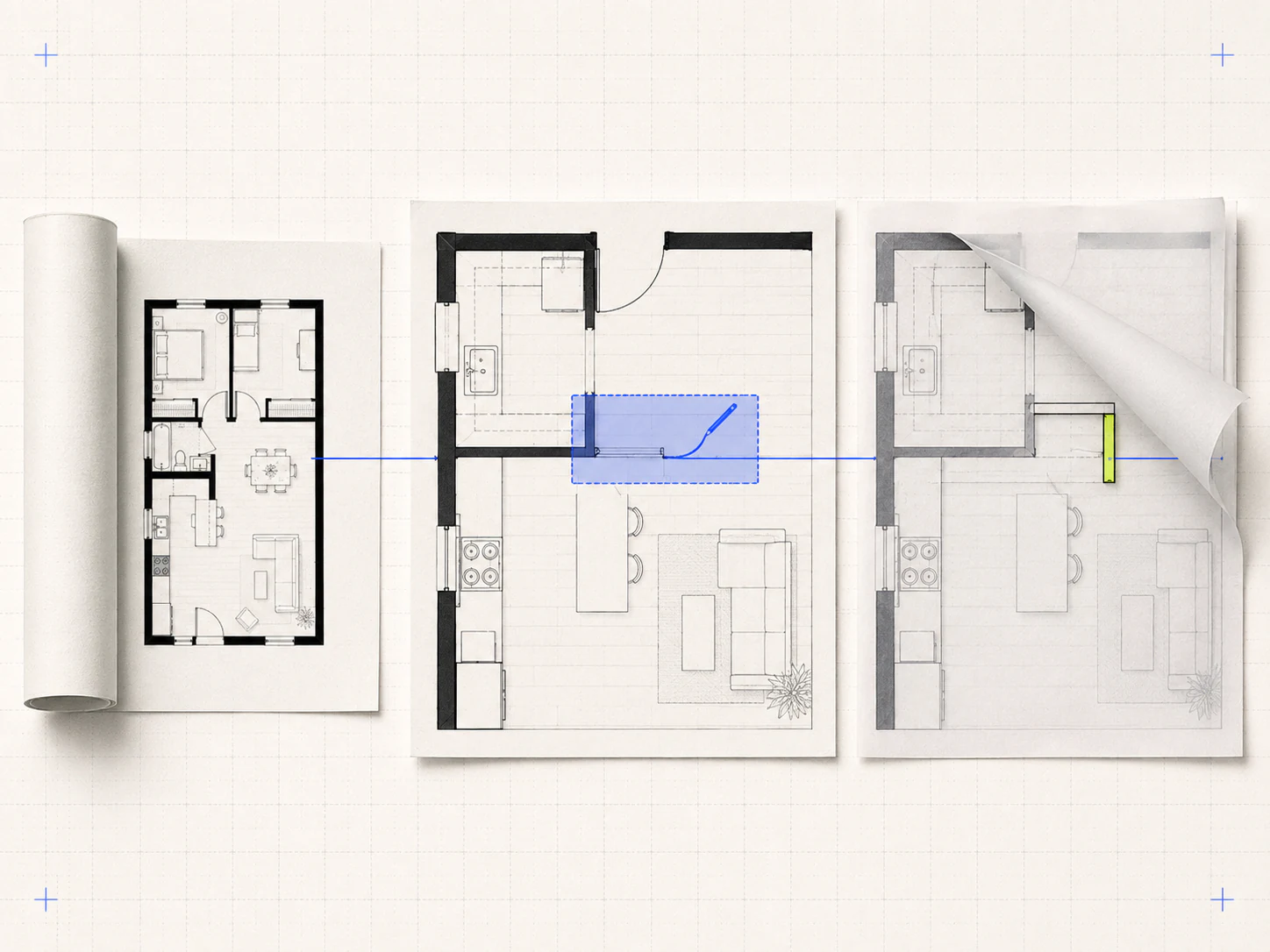 Floor plan editing workflow moving from a source plan to a marked detail and a revised concept overlay