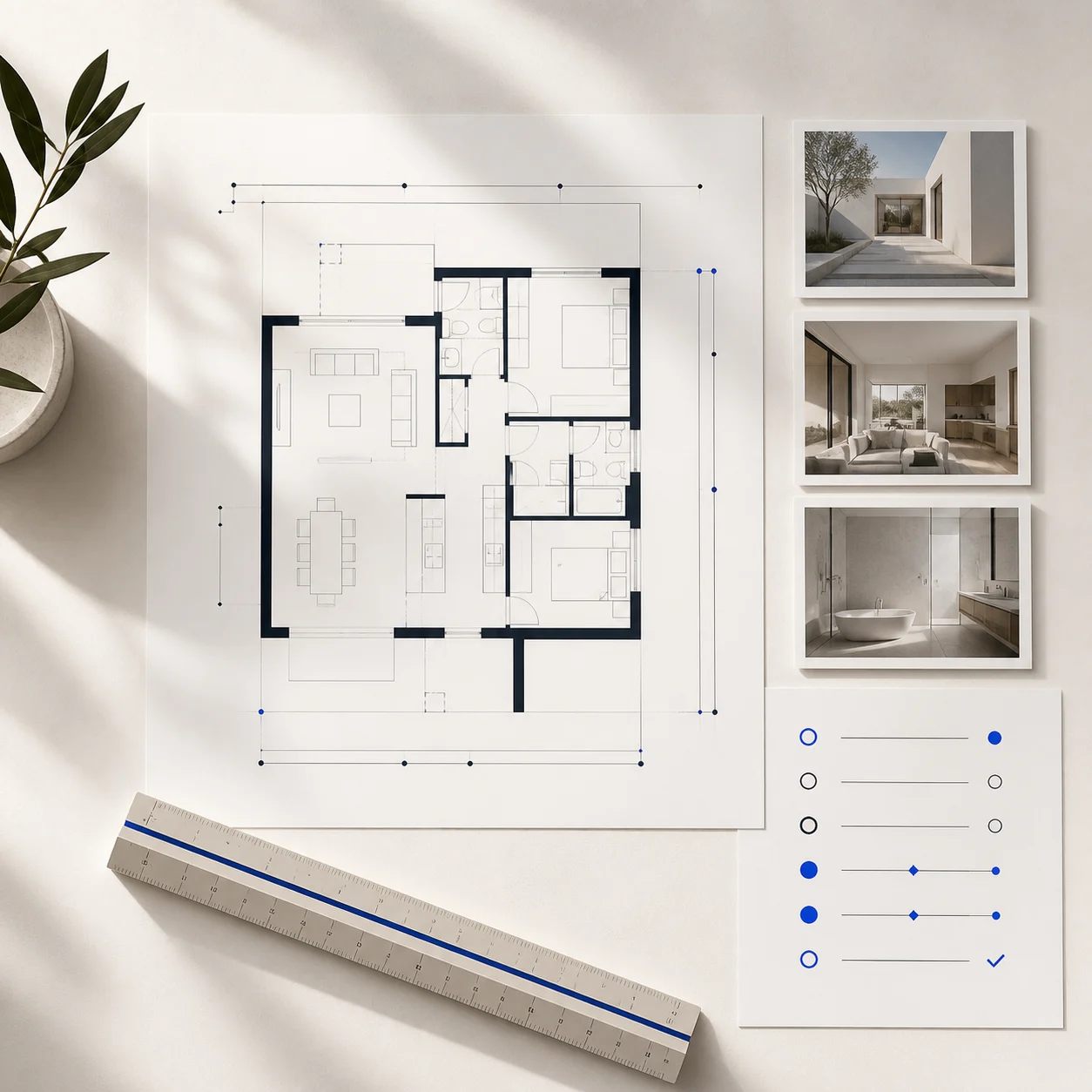 Floor plan concept beside a concise checklist of inputs, review steps, and limitations
