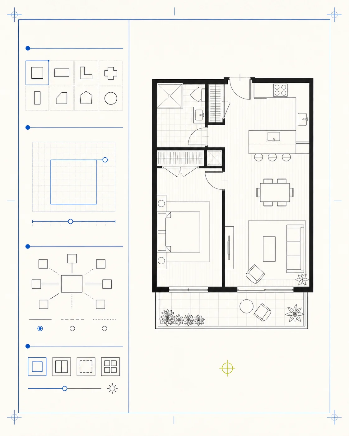 Layout brief flowing through plan type, rough size, and view choices into one floor plan concept