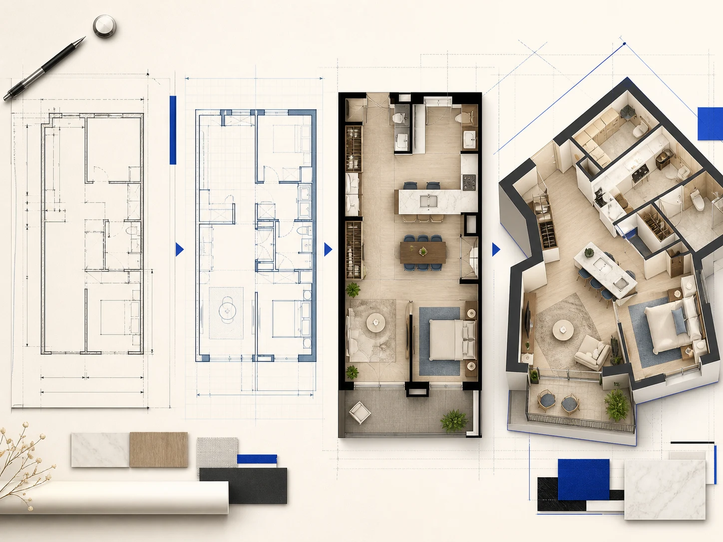 Planorial workspace presenting a structured brief beside three floor plan concept views