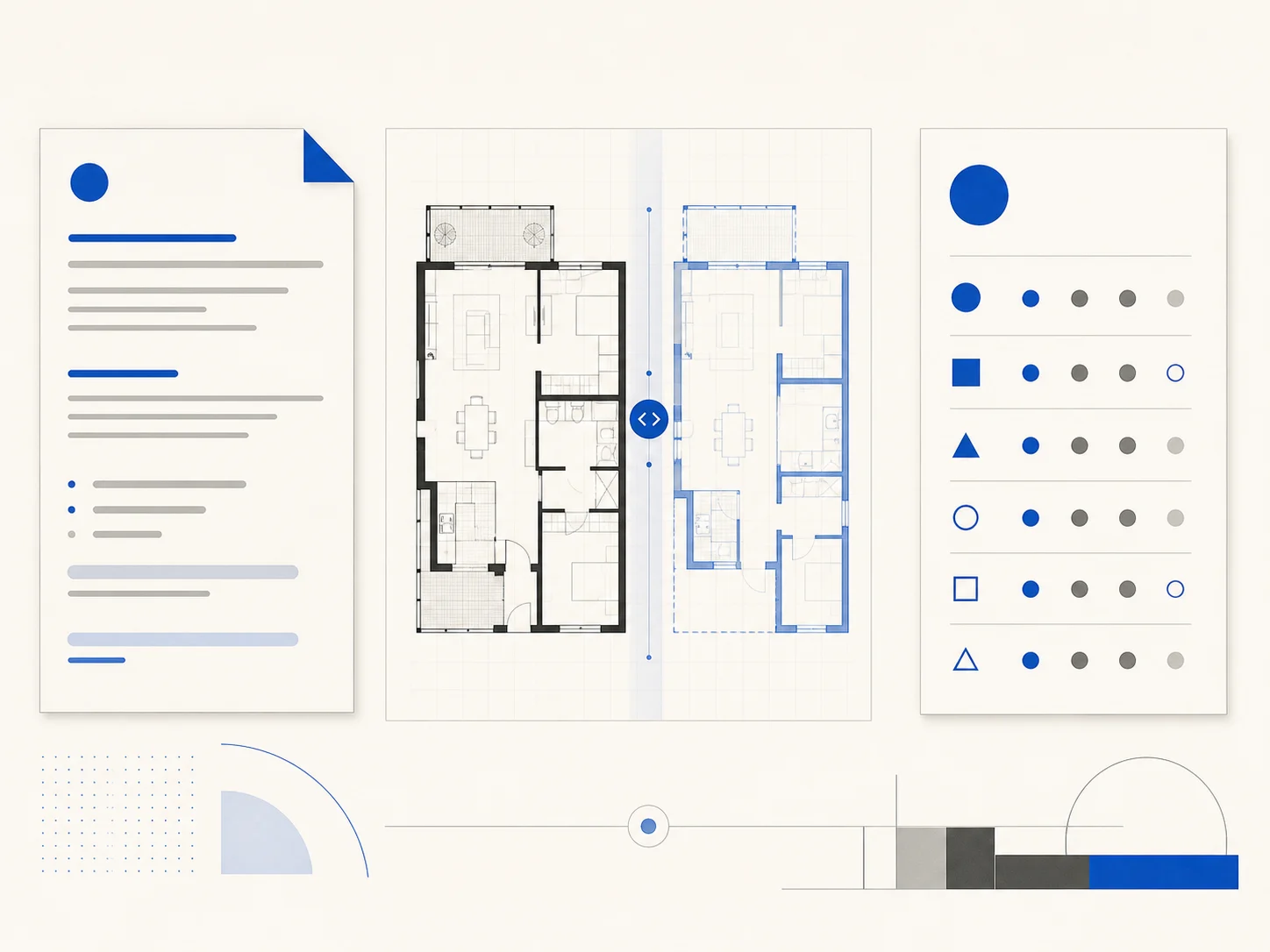Three-stage floor plan review comparing the brief, visible changes, and external checks