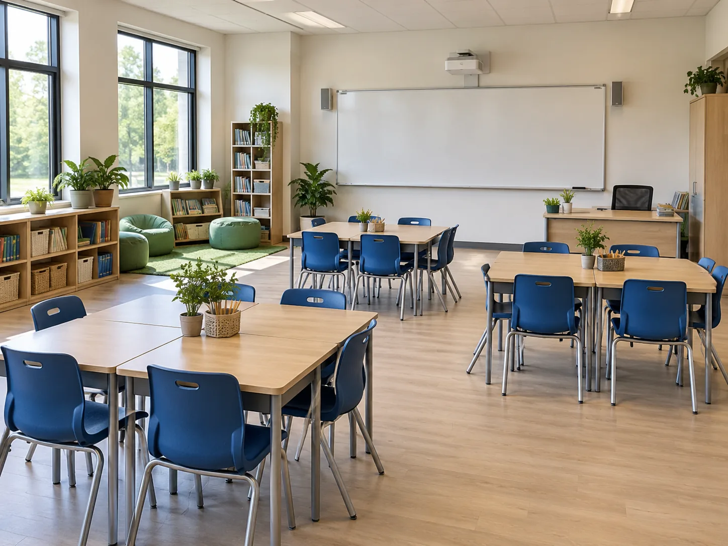 Realistic interior view of an empty classroom showing desk placement and natural room lighting