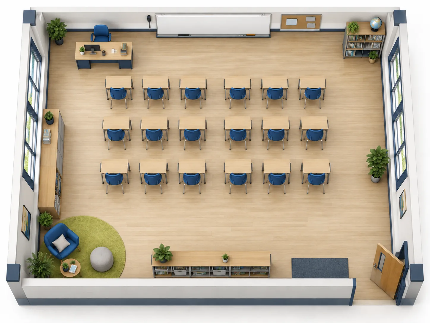 Top-down conceptual rendering of a classroom floor plan with student desks arranged in rows, front teacher desk, and center aisle