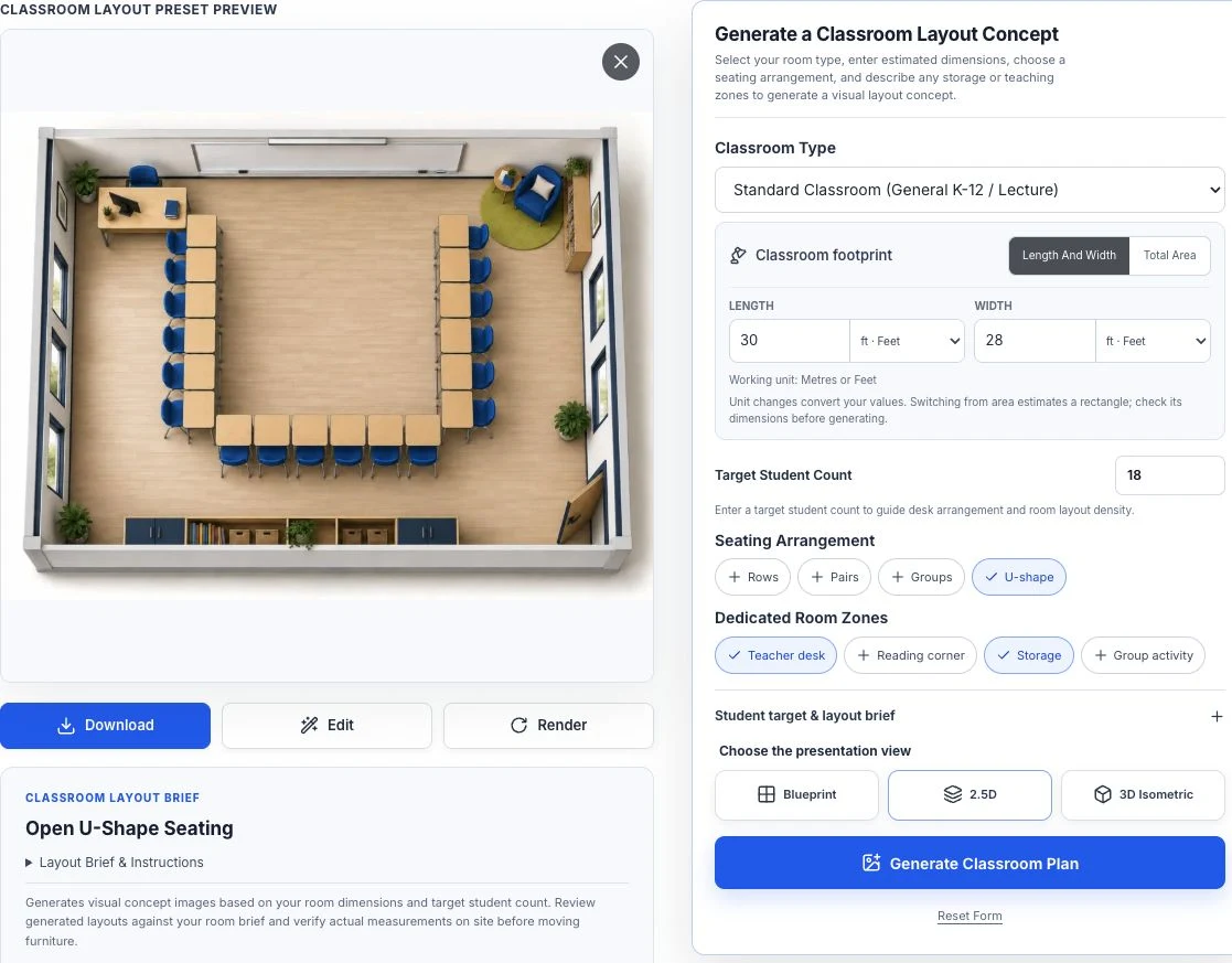 Classroom Floor Plan Creator controls with an illustrative U-shaped seating preset preview.
