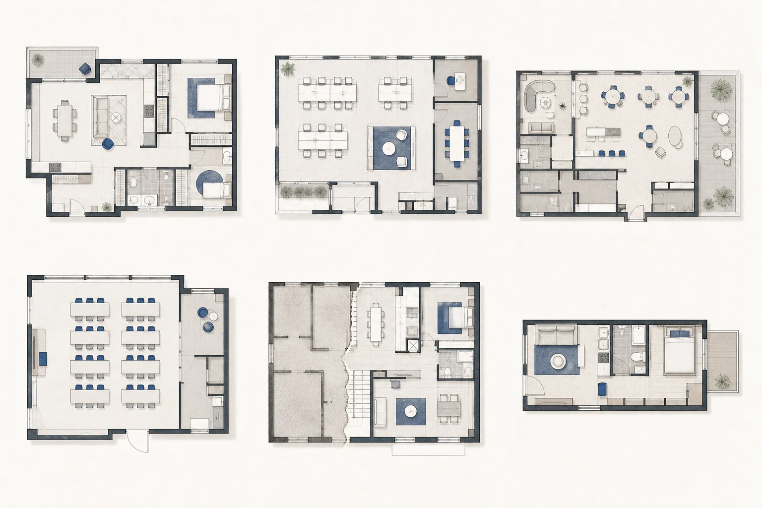 A coordinated collection of six planning layouts