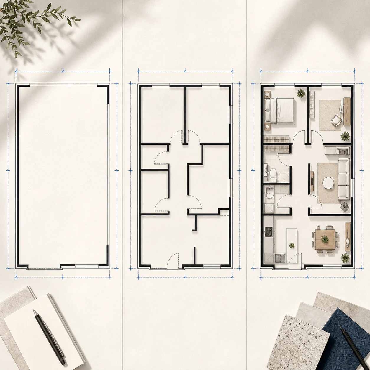 Three stages of building an editable floor plan