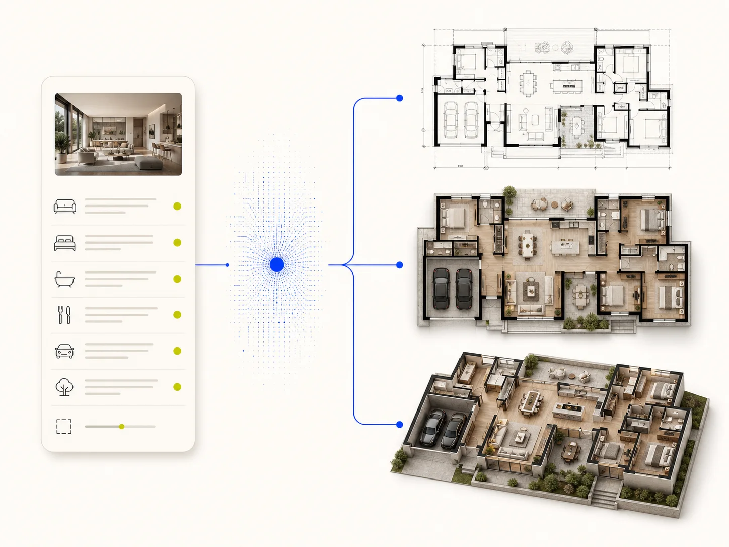 Structured floor plan brief leading to blueprint, furnished top, and isometric image results