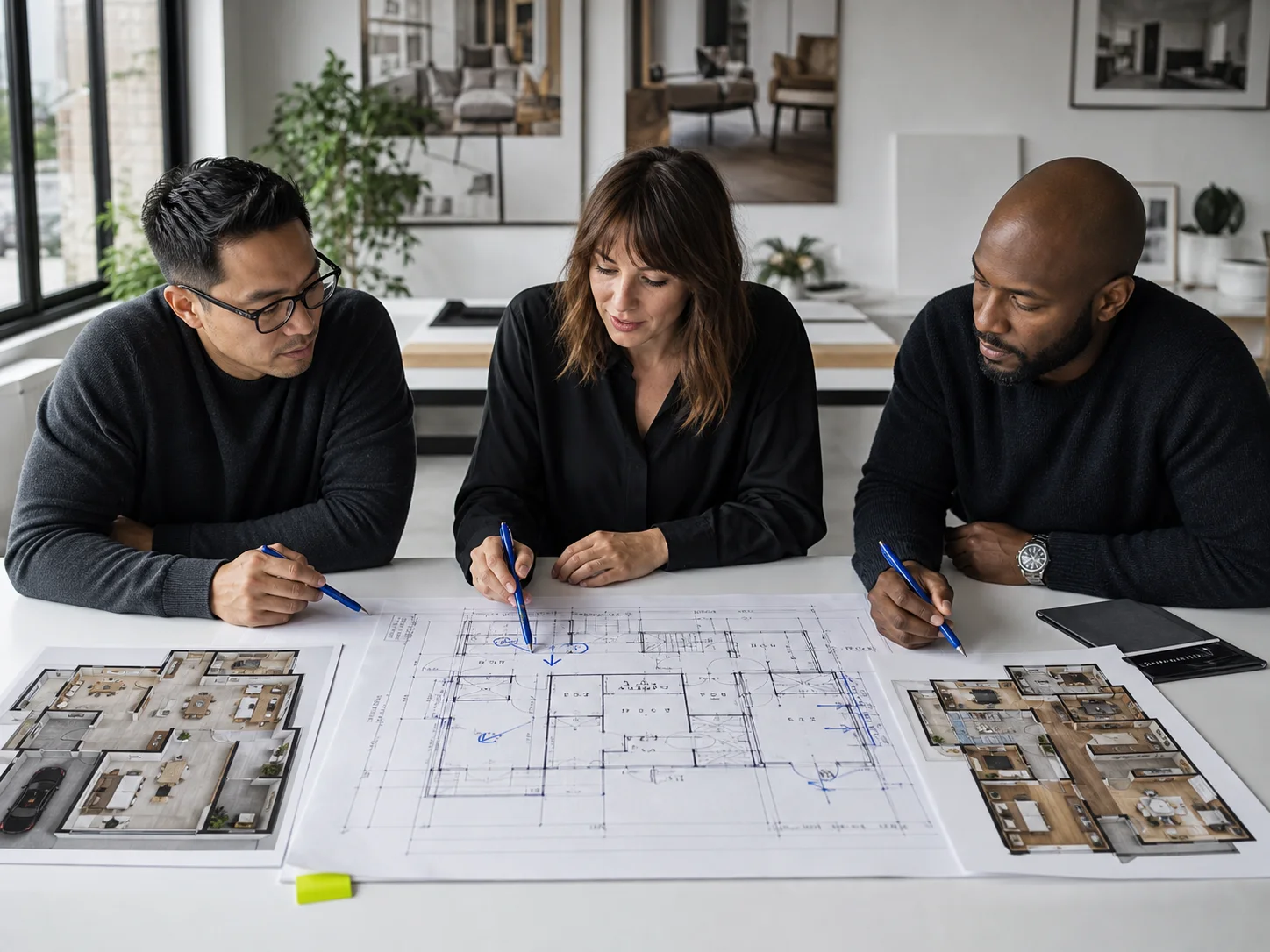 Design review table with a floor plan concept and presentation views