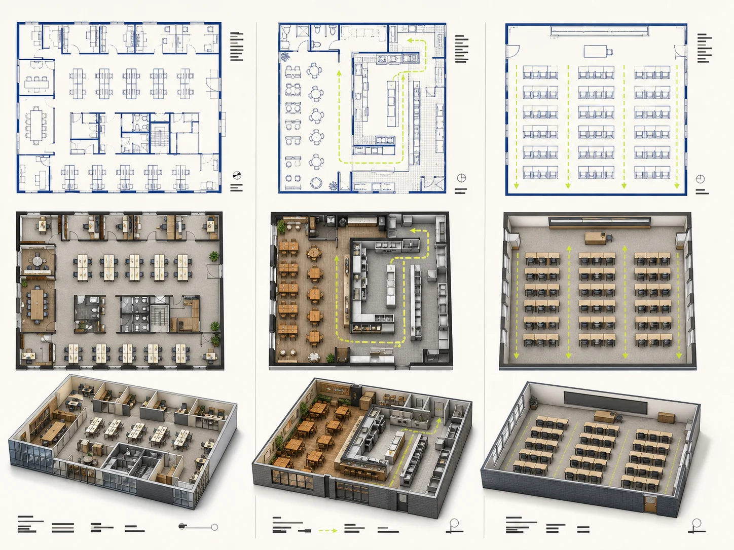 Office, restaurant, and classroom floor plan concepts in a clean presentation