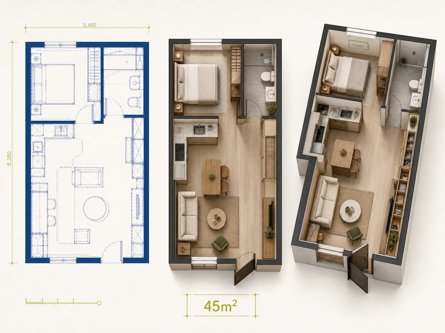 Compact home floor plan shown as blueprint, furnished top view, and isometric layout