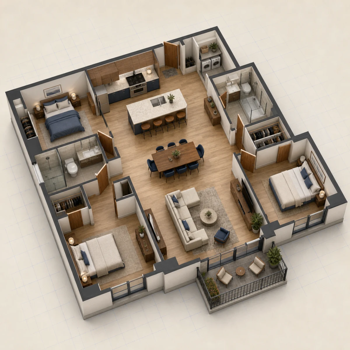 Complete furnished 3D isometric apartment floor plan