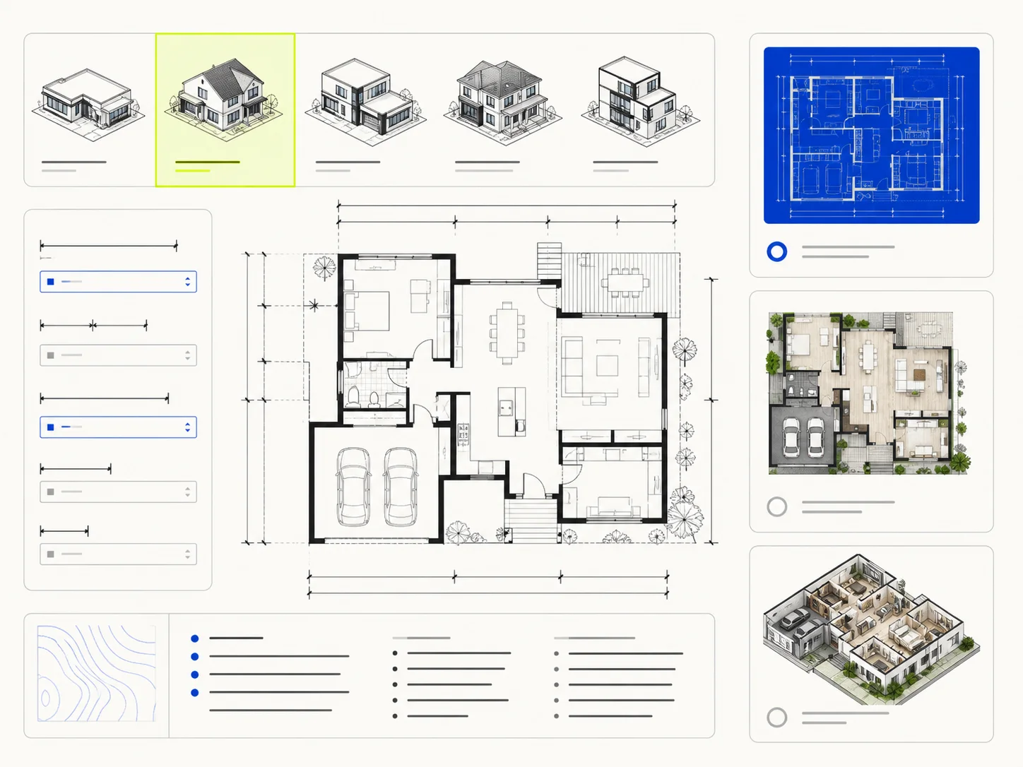 Illustration of floor plan request controls showing space type, target size, view style, and a focused brief