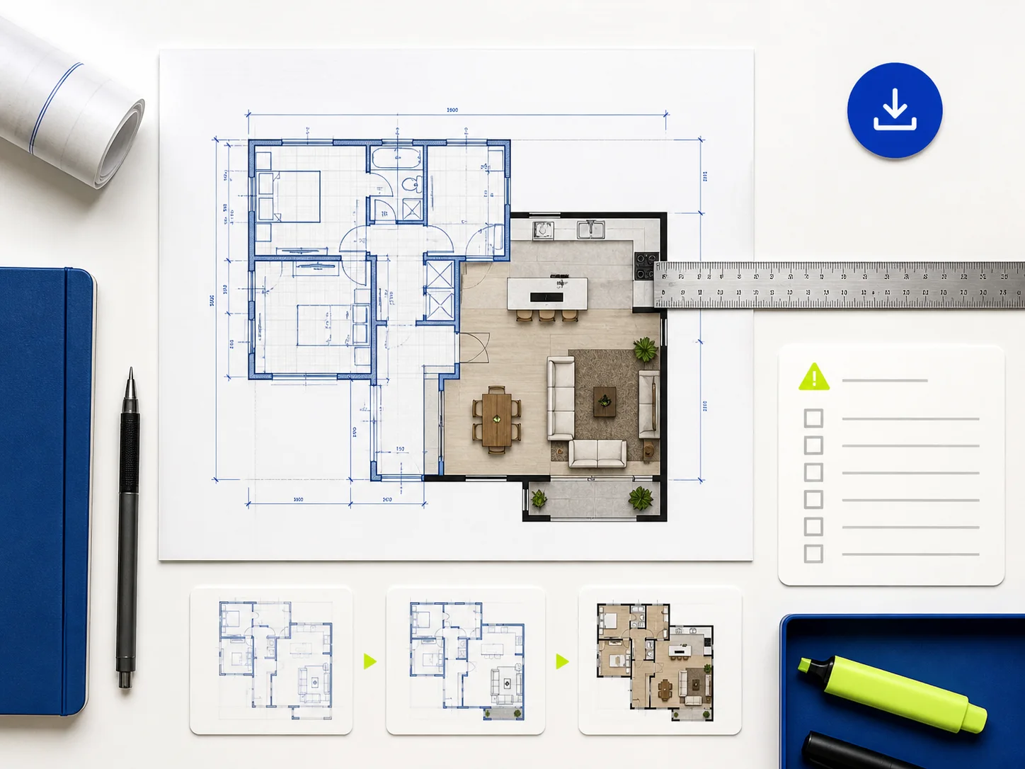 Illustration of a floor plan result beside history, action controls, warnings, and a review checklist