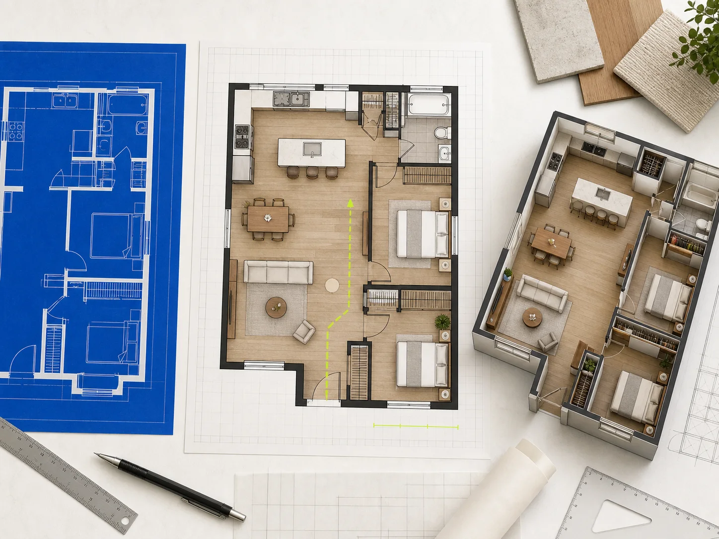 Blueprint and isometric apartment layouts comparing a renovation idea