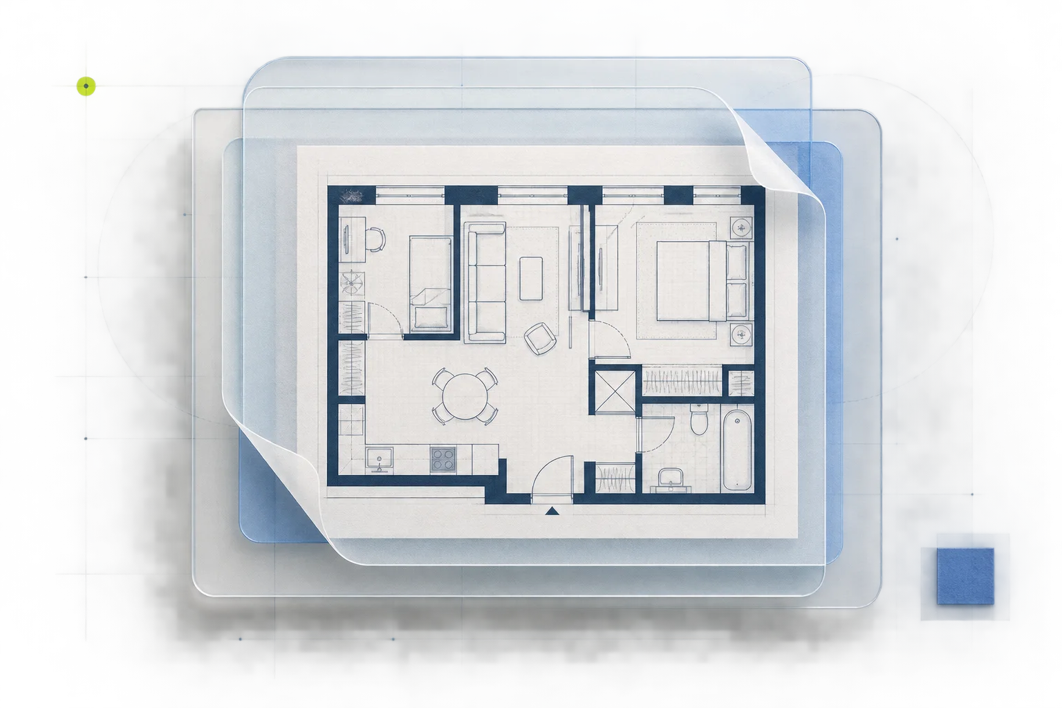 A floor plan drawing enclosed by translucent architectural layers on a measured grid