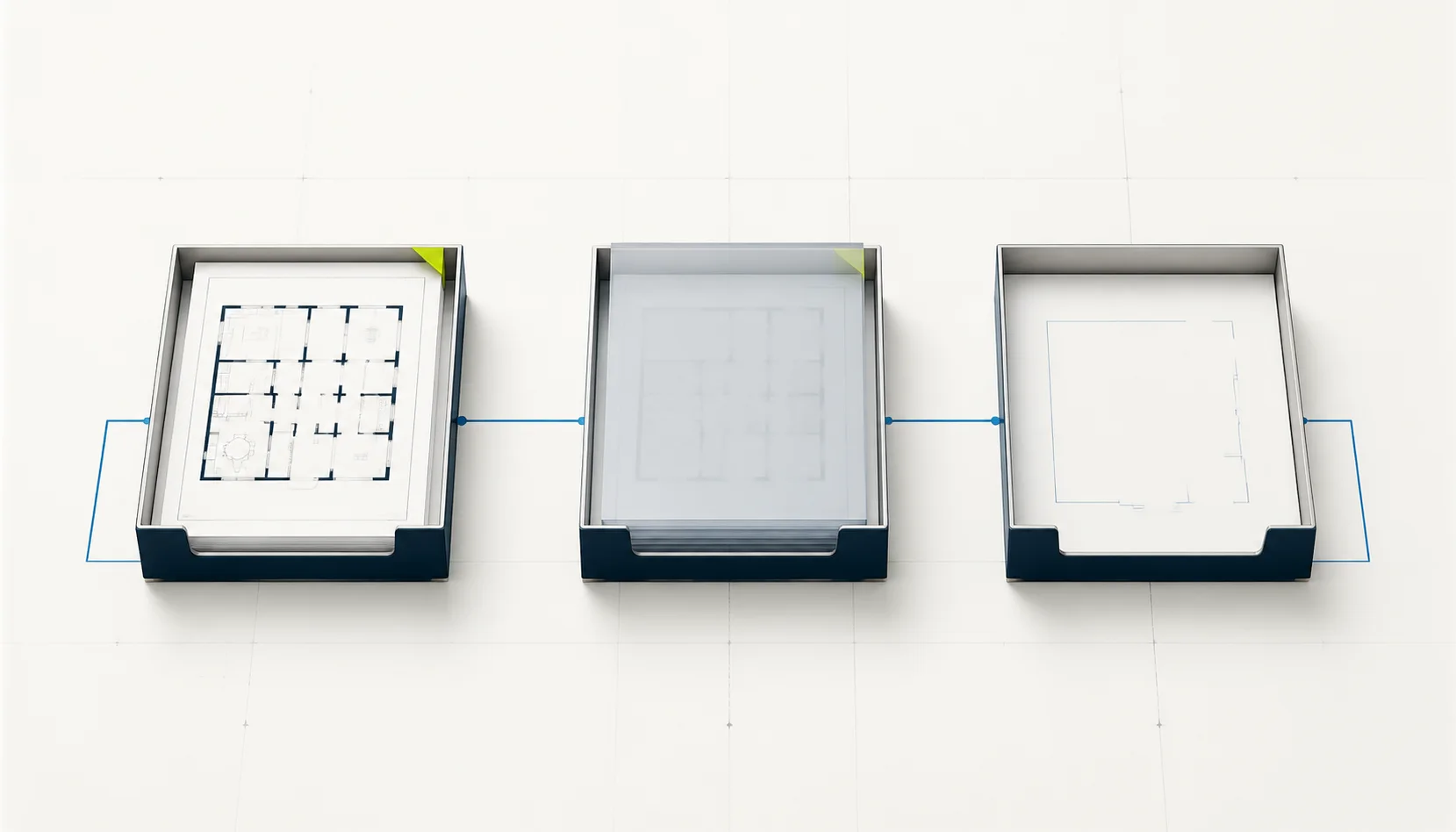 Three architectural archive trays moving from an active floor plan to a temporary layer and a cleared frame