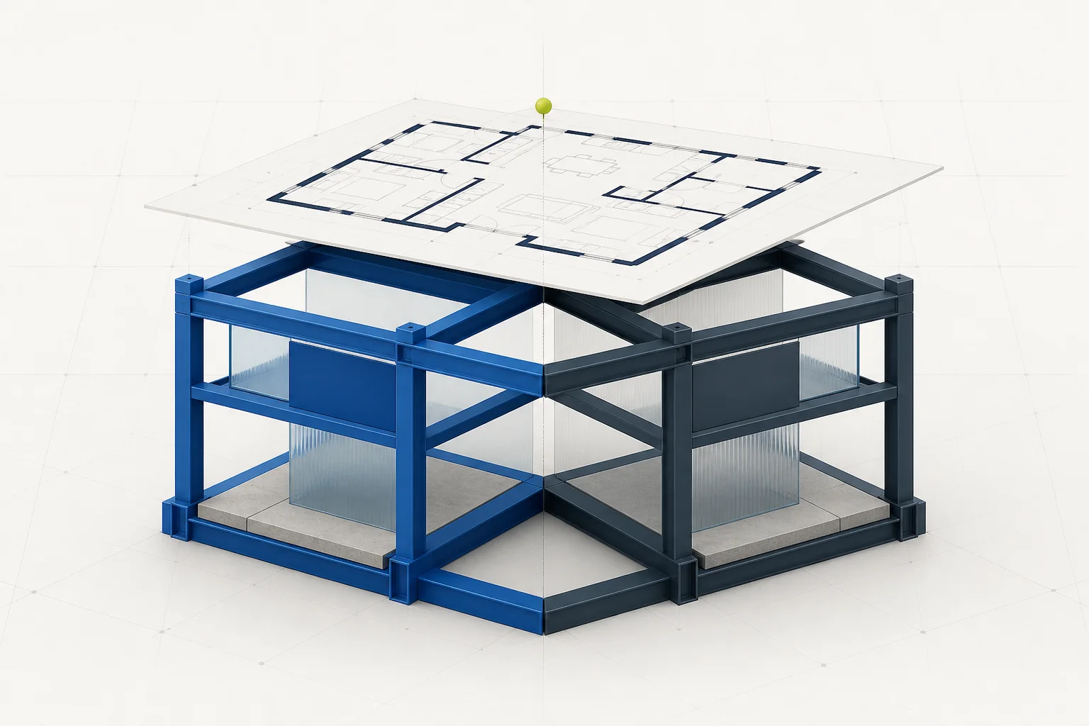 Two engineered structural frames supporting one shared floor plan sheet
