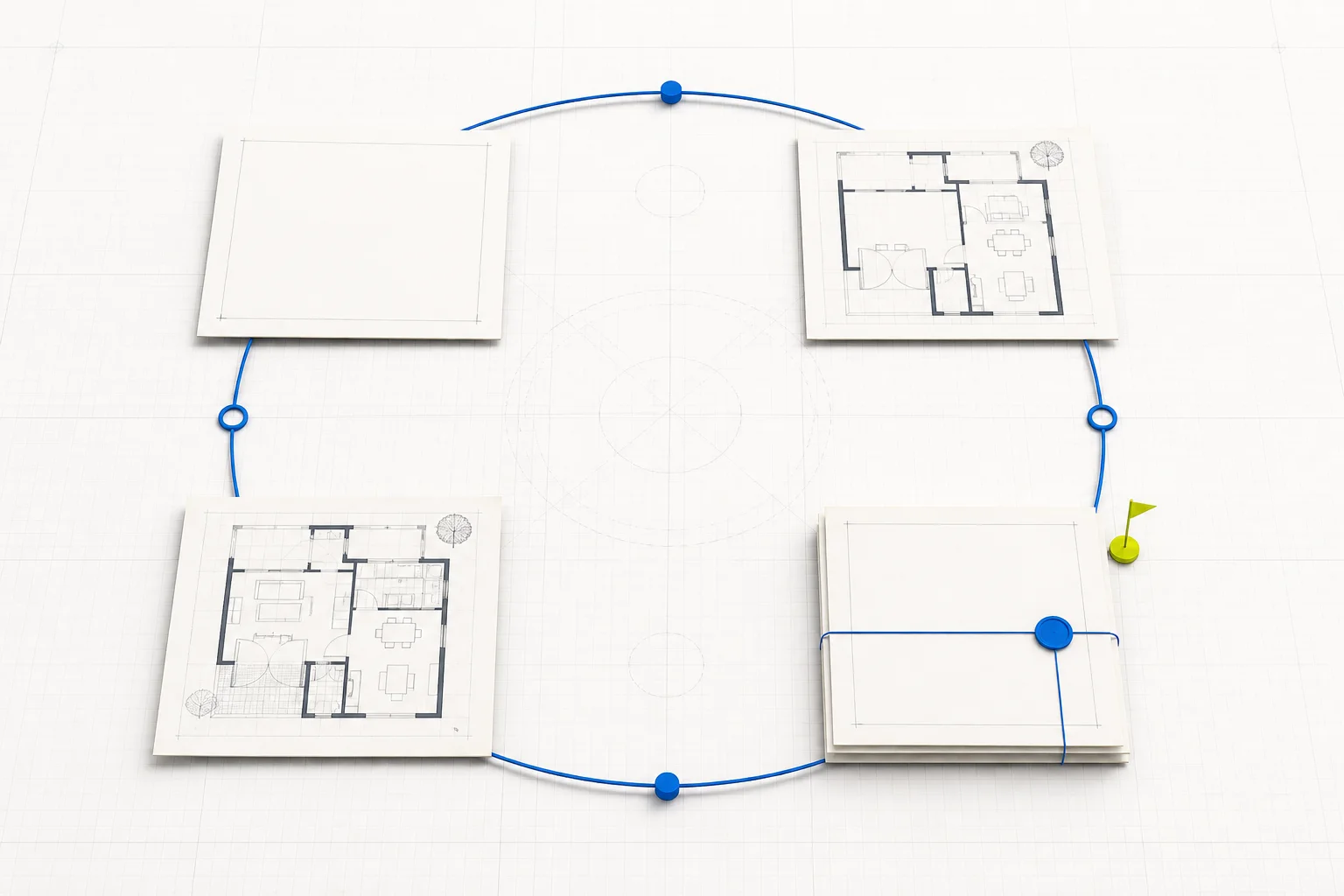 Four unlabelled plan sheets arranged along a circular drafting rail from blank setup to closed archive
