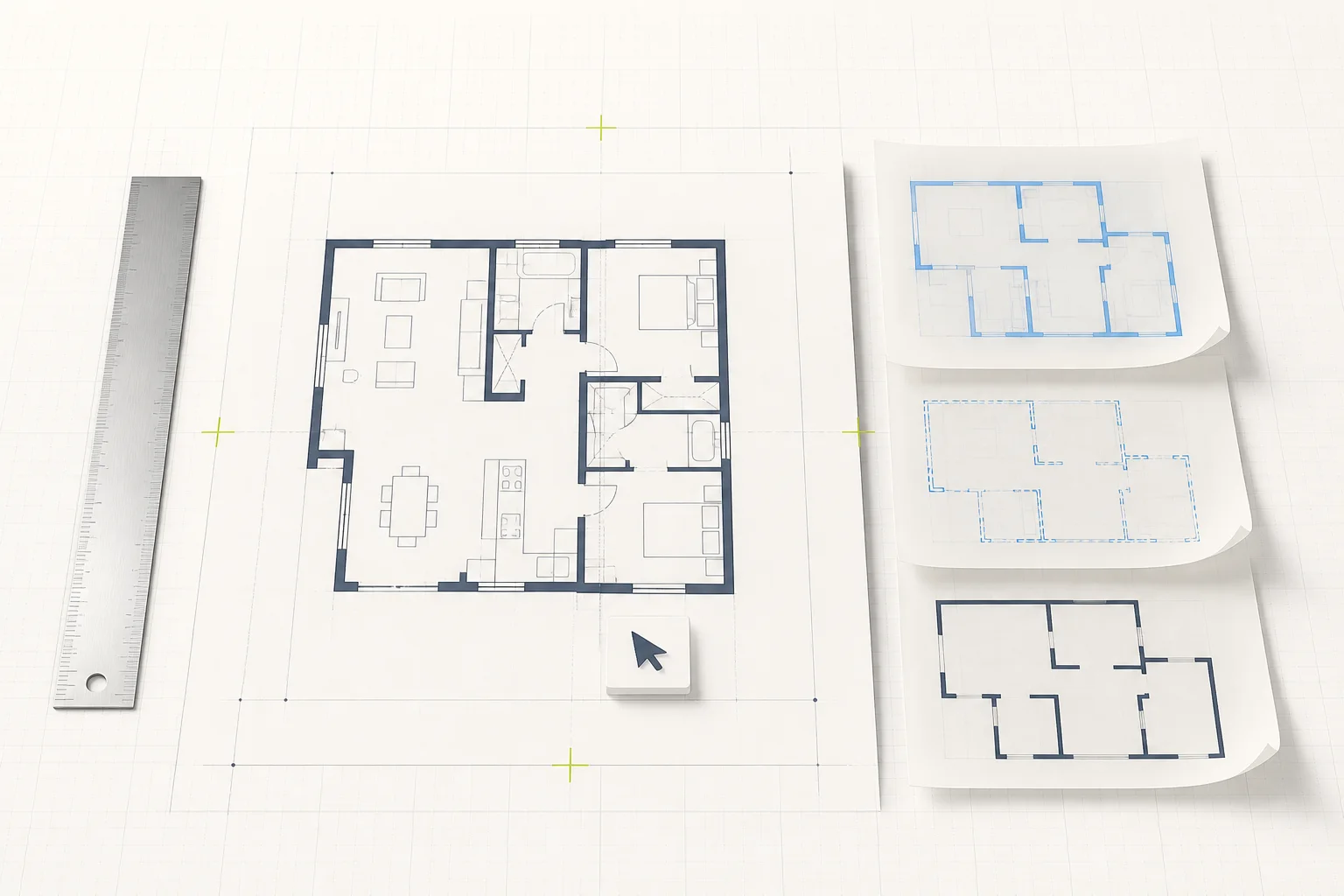 A conceptual floor-plan workspace arranged on a measured architectural grid