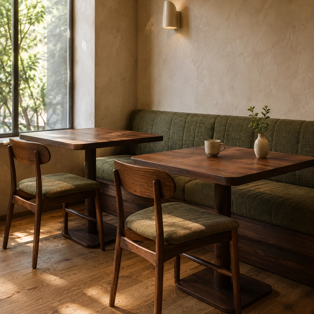 AI-generated restaurant seating concept with a window-side olive banquette, walnut two-person tables and timber chairs in natural daylight