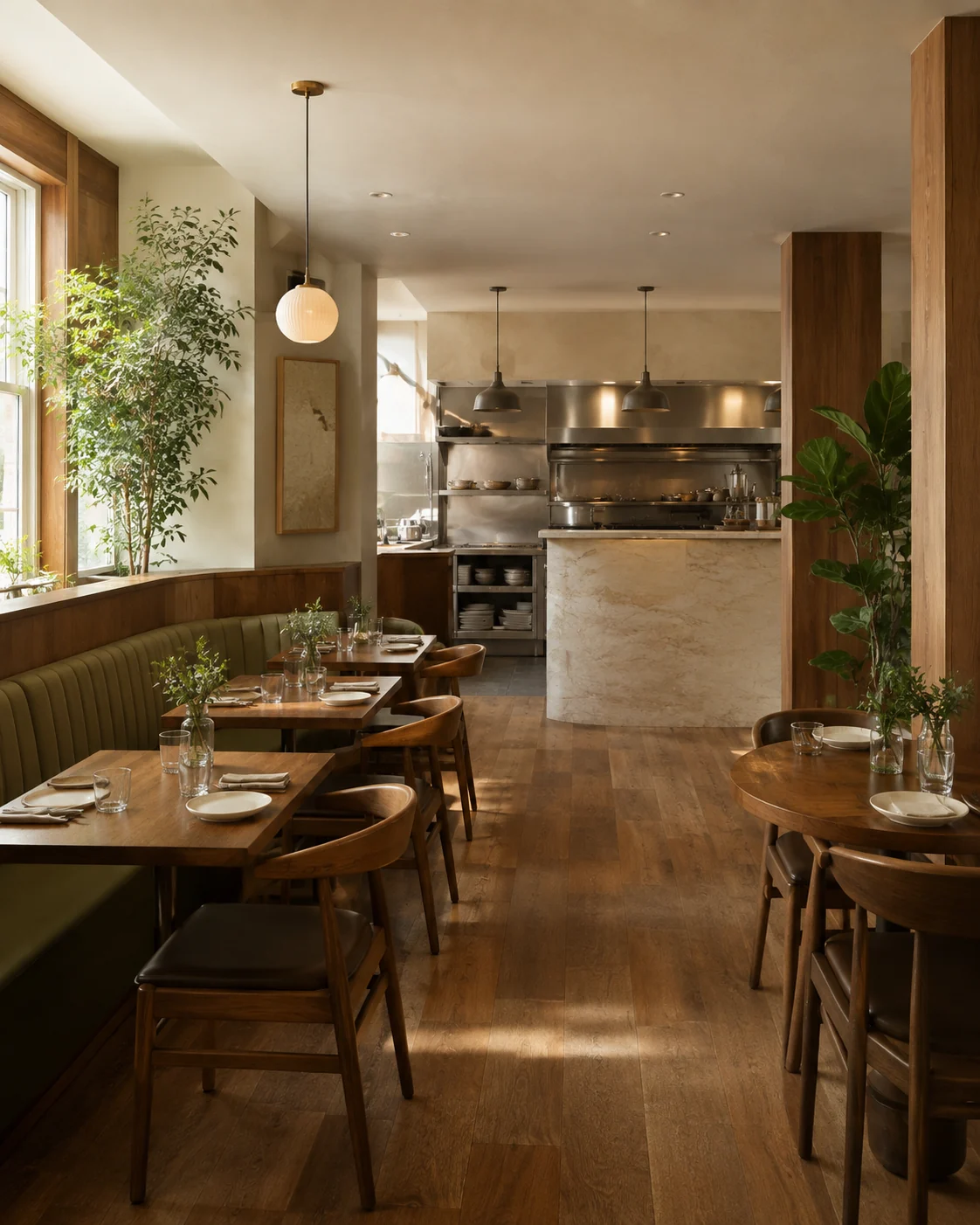 AI-generated restaurant interior concept viewed from the entrance, with dining tables, an olive banquette, a central aisle and a rear service counter and kitchen
