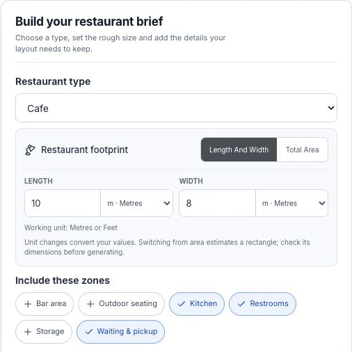 Actual restaurant brief form with Cafe selected, a 10 by 8 metre footprint, and Kitchen, Restrooms and Waiting and pickup selected