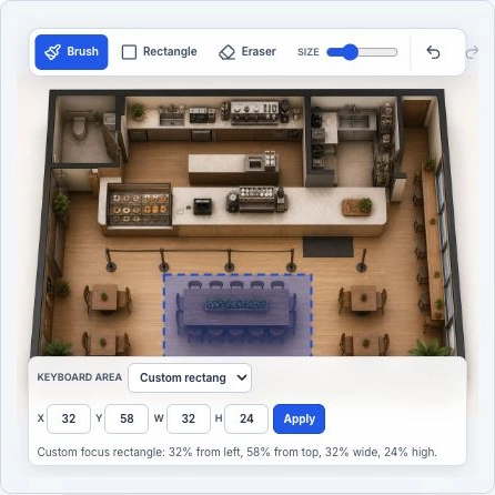 Actual image editor with a blue focus rectangle over the cafe communal table and the selection controls visible